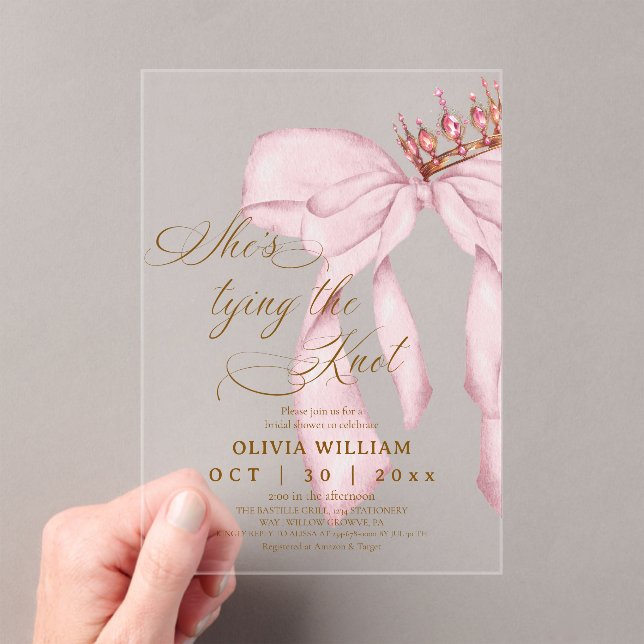Blushing Bow She's Tying The Knot Bridal Shower Acrylic Invitations (Insitu (Handheld))