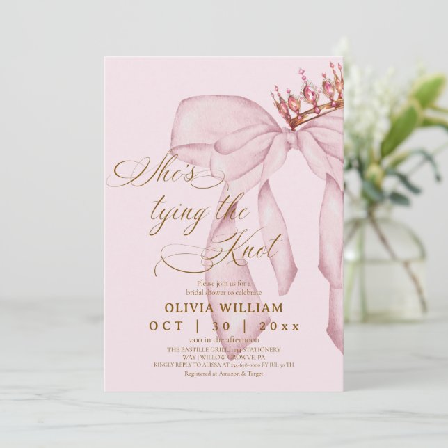 Blushing Bow She's Tying The Knot Bridal Shower Invitation (Standing Front)