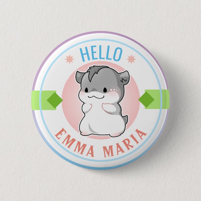 Blushing Chibi Hamster Customisable Name Hello 6 Cm Round Badge (Front)