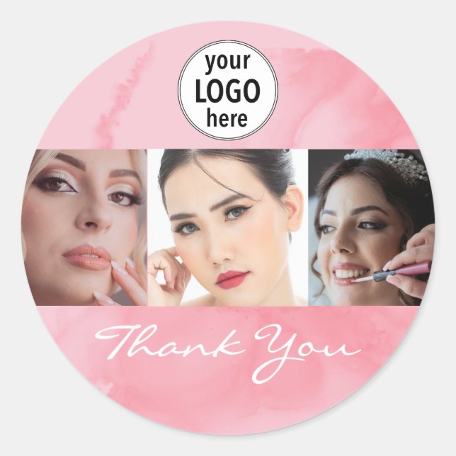 Blushing Coral Pink Makeup Photo Logo Thank You Classic Round Sticker (Front)