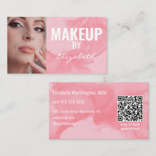 Blushing Coral Pink Watercolor QR Code Makeup Business Card