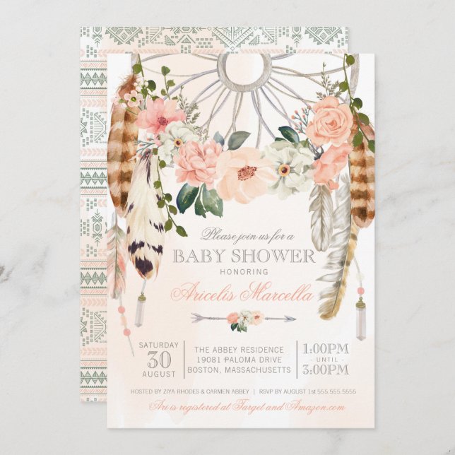 Blushing Dream  Boho Dreamcatcher Baby Shower Invitation (Front/Back)