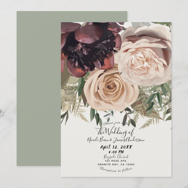 Blushing Floral Blooms Glam Botanical Wedding Invitation (Front/Back)