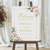 Blushing Floral Gold Frame Wedding Welcome Sign