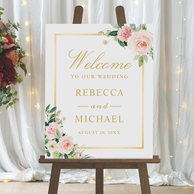 Blushing Floral Gold Frame Wedding Welcome Sign (Creator Uploaded)