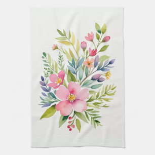 Blushing Garden Watercolor Floral Bouquet Tea Towel