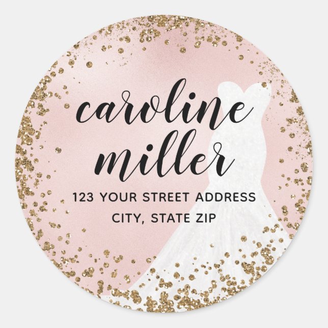 Blushing Glitter Bride Dress Bridal Shower Address Classic Round Sticker (Front)