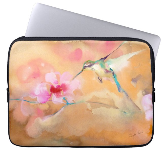 "Blushing" Hummingbird Print Laptop Sleeve (Front)