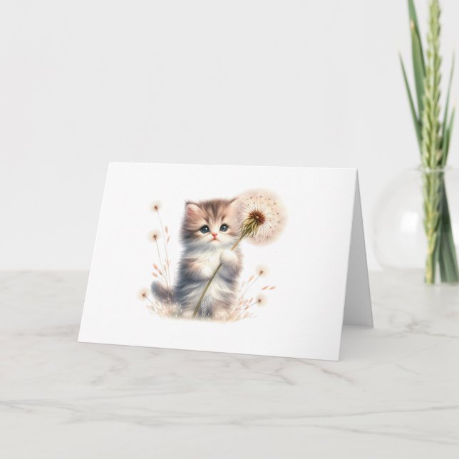 Blushing Kitten and Daisy Whimsical Blank Greeting Card (Front)