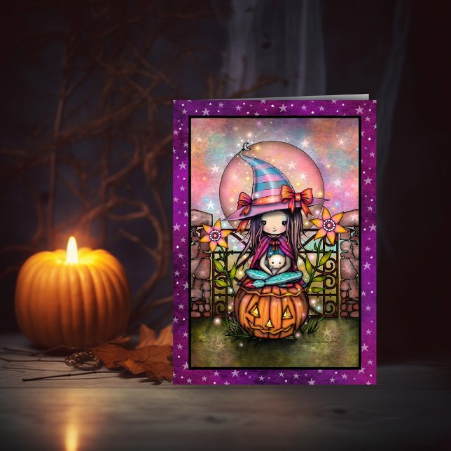 Blushing Moon Cute Witch and Cat Halloween Art Card (Creator Uploaded)