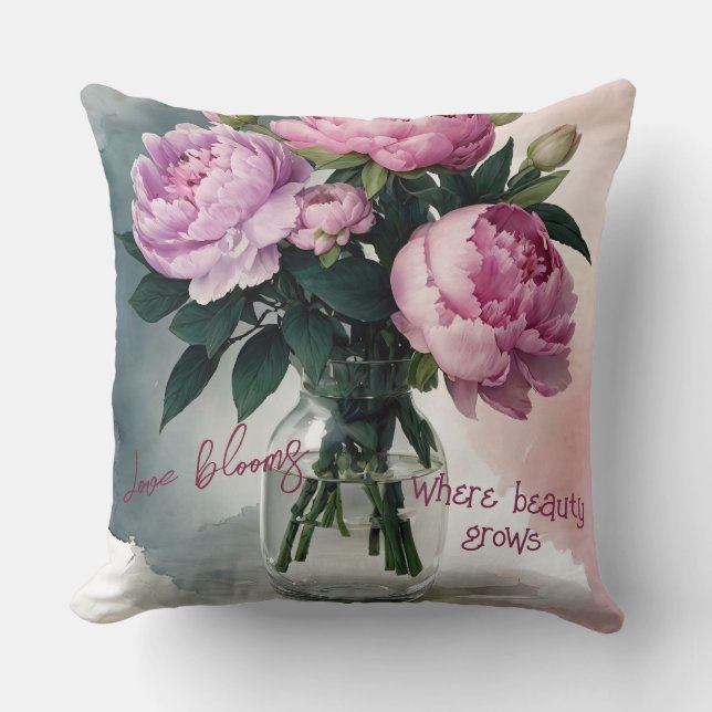 Blushing Peonies in Glass Vase Throw Pillow (Front)