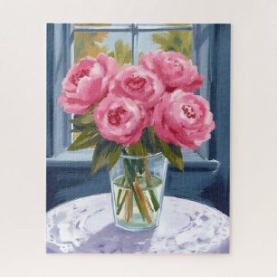 Blushing Peony Bouquet Pink Flower Painting Jigsaw Puzzle
