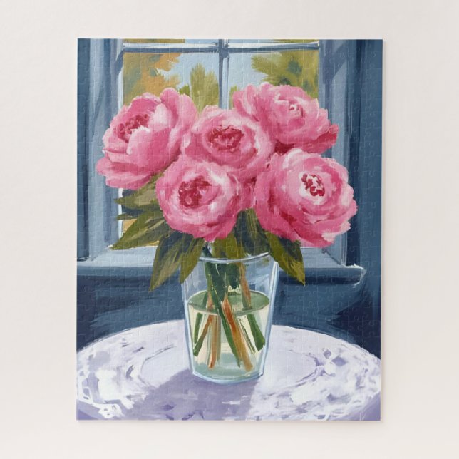 Blushing Peony Bouquet | Pink Flower Painting Jigsaw Puzzle (Vertical)