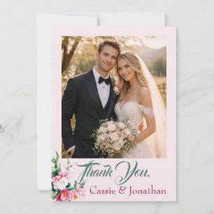 Blushing Peony Floral Photo Wedding Thank You Card