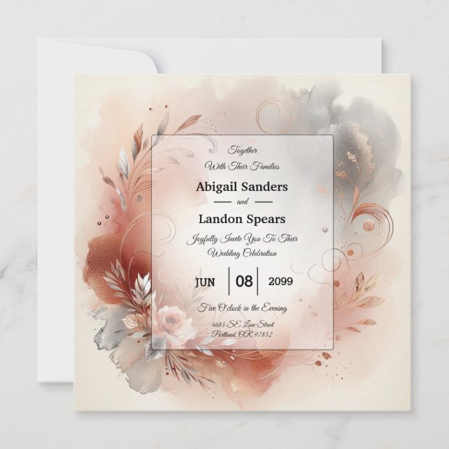 Blushing Petals and Silver Swirls Wedding Invitation (Front)