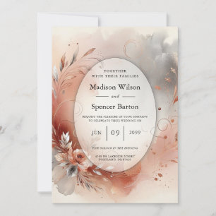 Blushing Petals and Silver Swirls Wedding Invitation