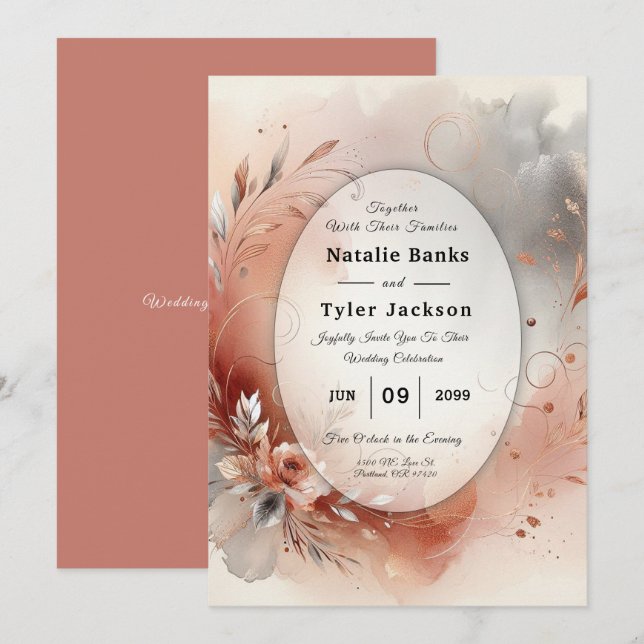Blushing Petals and Silver Swirls Wedding Invitation (Front/Back)
