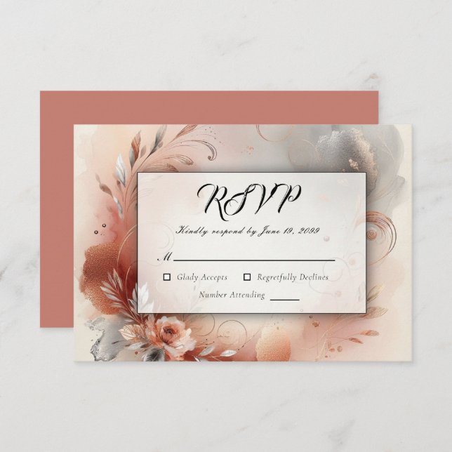 Blushing Petals and Silver Swirls Wedding RSVP Card (Front/Back)