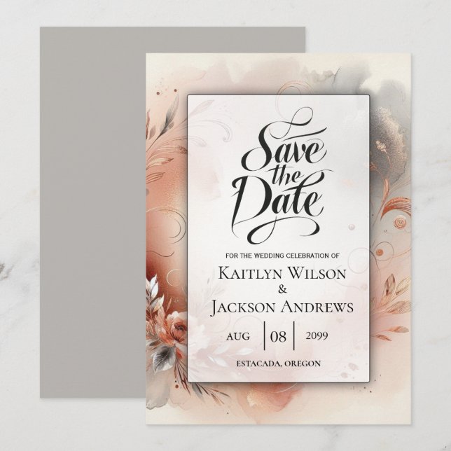 Blushing Petals and Silver Swirls Wedding Save The Date (Front/Back)