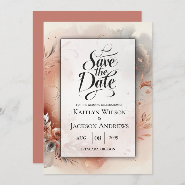 Blushing Petals and Silver Swirls Wedding Save The Date (Front/Back)