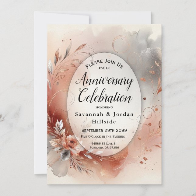 Blushing Petals Silver Swirls Anniversary Party Invitation (Front)