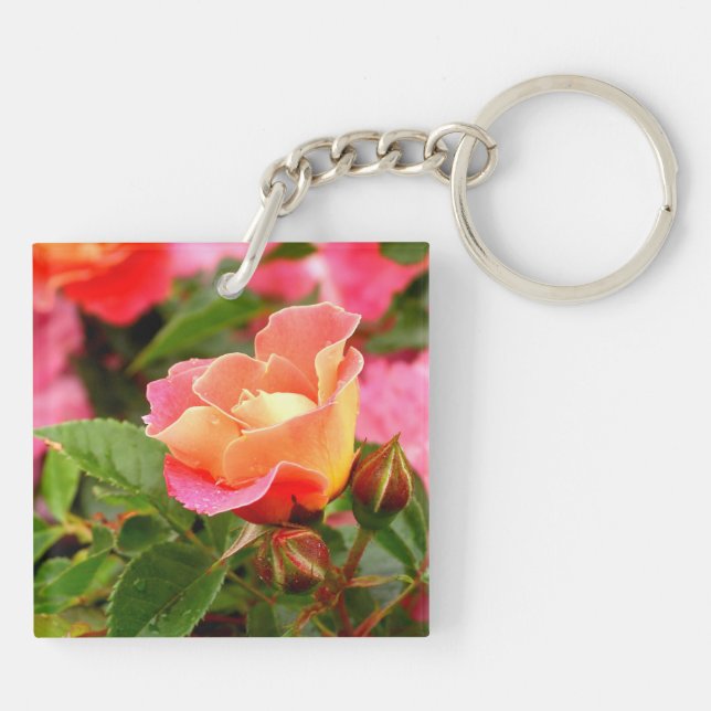 Blushing Pink and Orange Rose Bud Key Ring (Back)