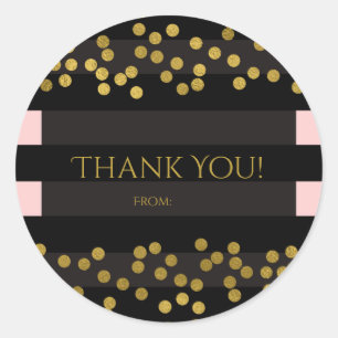 Blushing Pink & Black Stripes Gold Faux Foil Dots Classic Round Sticker