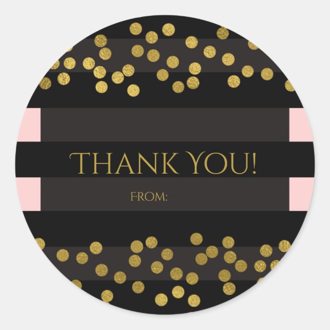 Blushing Pink & Black Stripes Gold Faux Foil Dots Classic Round Sticker (Front)
