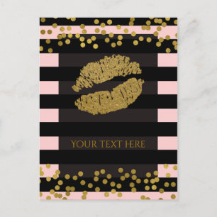 Blushing Pink & Black Stripes Gold Faux Foil Dots Postcard