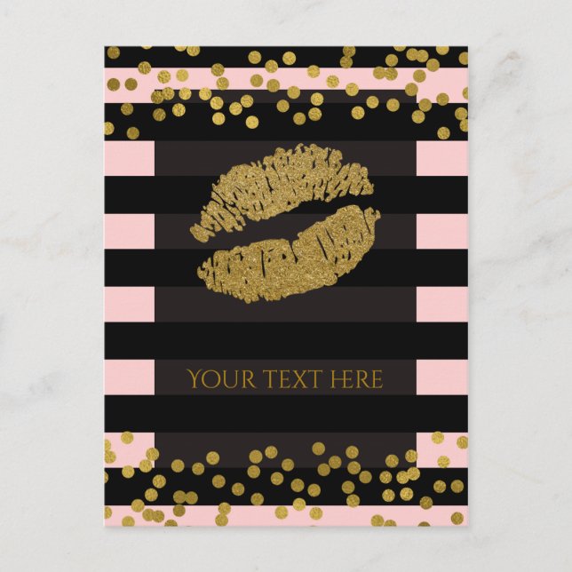 Blushing Pink & Black Stripes Gold Faux Foil Dots Postcard (Front)