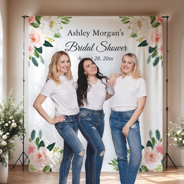 Blushing Pink Floral Bridal Shower Photo Backdrop Tapestry (Creator Uploaded)