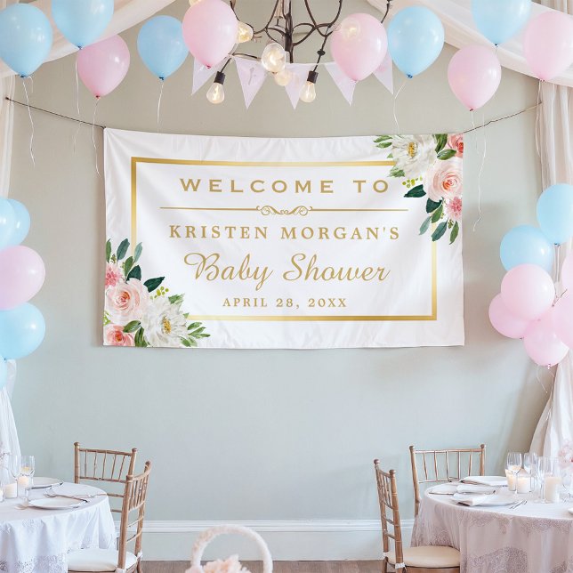 Blushing Pink Floral Gold Frame Baby Shower Banner (Creator Uploaded)