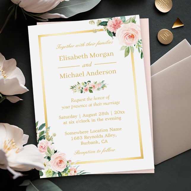 Blushing Pink Floral Gold Frame Elegant Wedding Invitation (Perfect for couples seeking a classic and refined wedding celebration.)