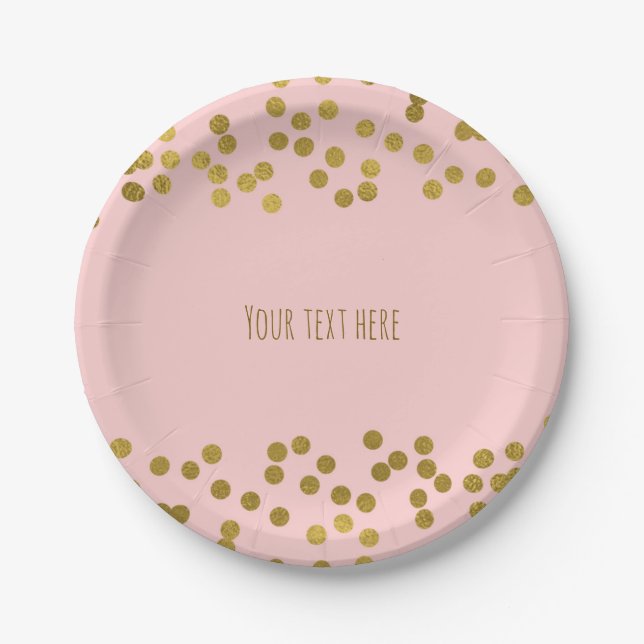 Blushing Pink & Gold Faux Foil Confetti Dots Paper Plate (Front)
