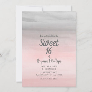 Blushing Pink & Grey Modern Watercolor Sweet 16 Invitation