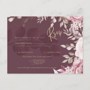 Blushing Pink Maroon Floral Wedding RSVP Postcard
