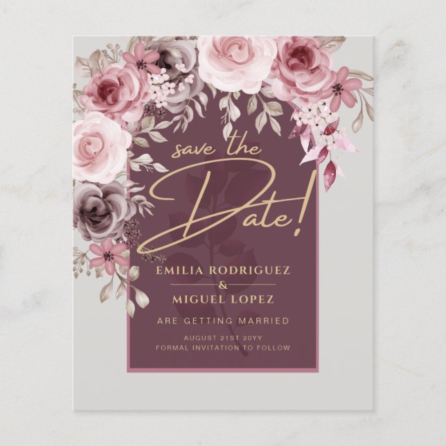Blushing Pink Maroon Floral Wedding SAVE THE DATE Flyer (Front)