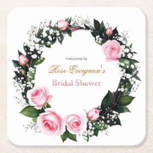 Blushing Romance: Pink Rose Bridal Shower Square Paper Coaster