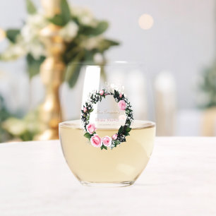 Blushing Romance: Pink Rose Bridal Shower Stemless Wine Glass