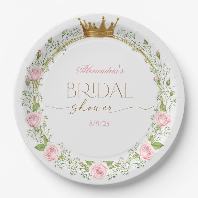 Blushing Romance: Pink Roses & Baby’s Breathe Paper Plate (Front)
