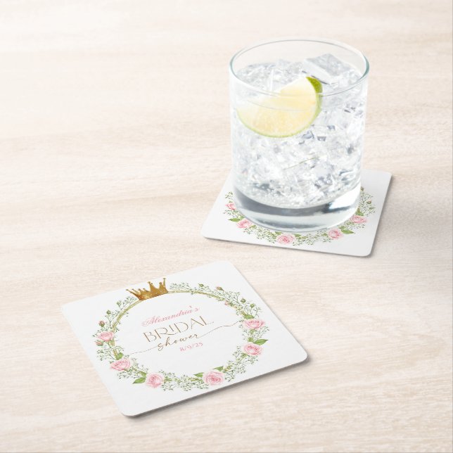 Blushing Romance: Pink Roses & Baby’s Breathe Square Paper Coaster (Insitu)