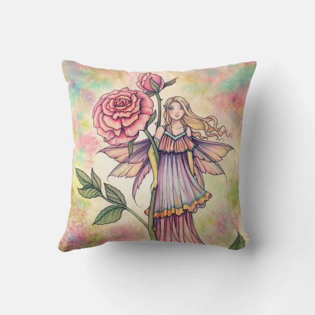 Blushing Rose Fairy Art by Molly Harrison Cushion (Back)