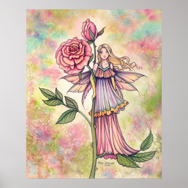 Blushing Rose Fairy with Pink Roses Art Poster (Front)