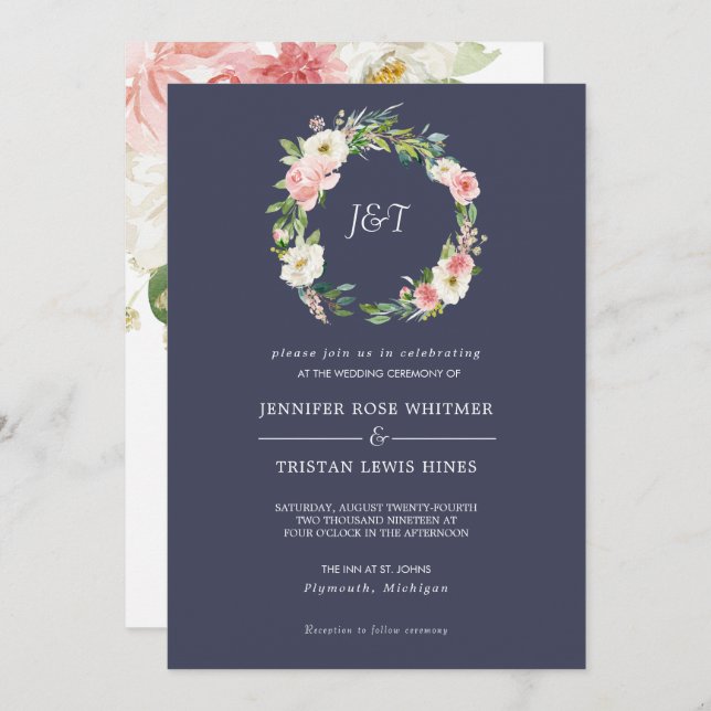 Blushing Rose Navy & White Wreath Monogram Wedding Invitation (Front/Back)