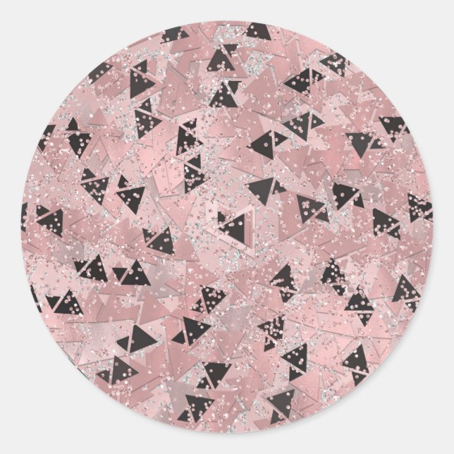 Blushing Rose Pink Gold & Black Triangles Pattern Classic Round Sticker (Front)