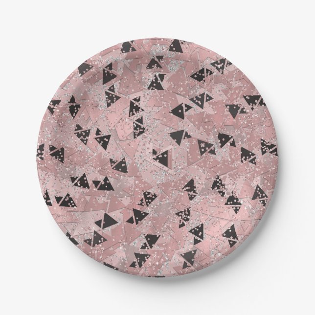 Blushing Rose Pink Gold & Black Triangles Pattern Paper Plate (Front)