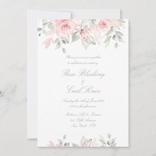 Blushing Roses Matte White Background Wedding Invitation (Front)