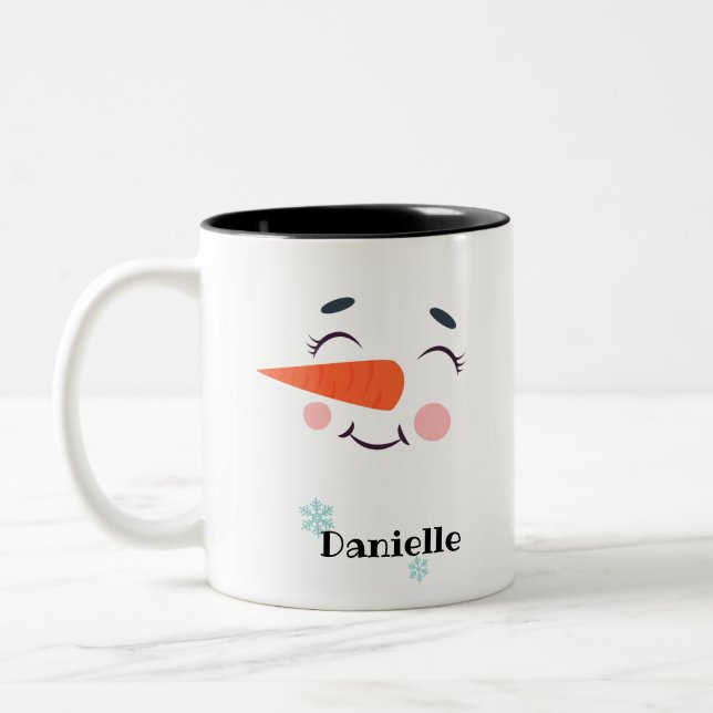  Blushing Snowman Face Personalised Name Holiday Two-Tone Coffee Mug (Left)