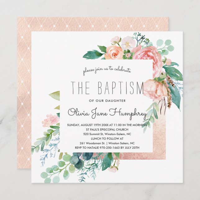 Blushing Summer Floral Baptism Invitation (Front/Back)