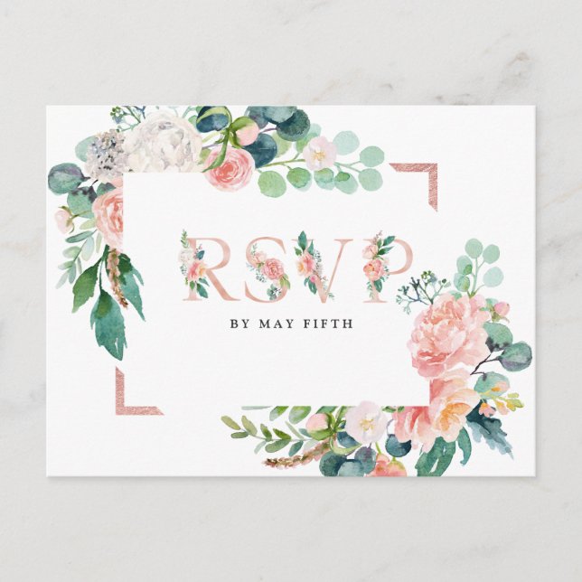 Blushing Summer Floral Wedding RSVP w/Meal Invitation Postcard (Front)